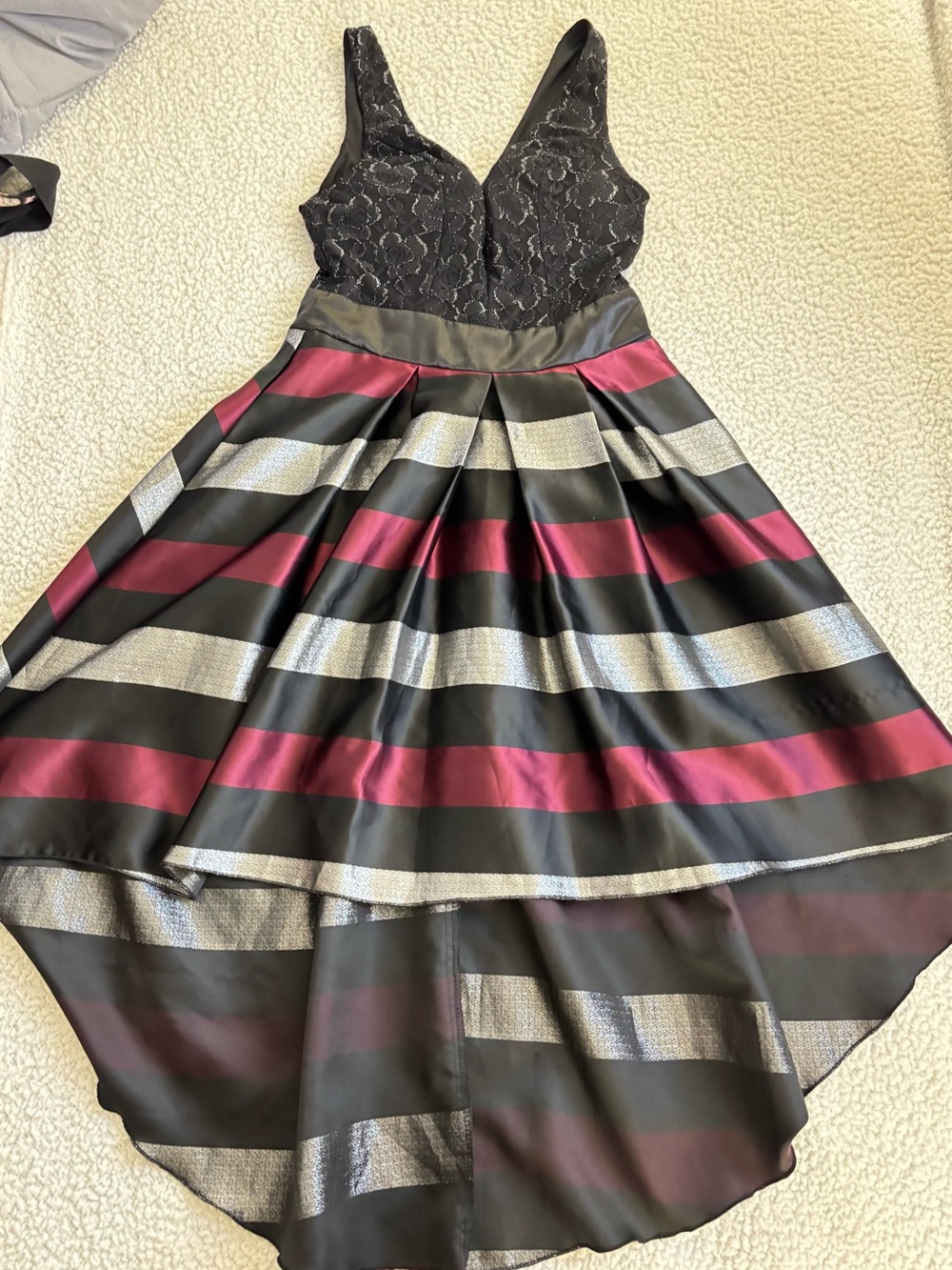 VENUS Black, Burgundy & Silver High-Low Stripe Dress